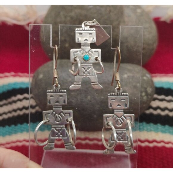 Vtg Native Bell Trading Kachina Hoop Dancer Earrings Pendant Set Sterling Silver - Picture 2 of 8